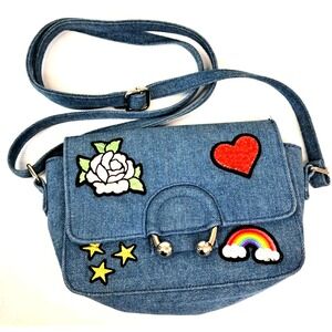 Y2K  No Boundaries Denim Purse Handbag‎ Embroidered Patches Heart Rose Rainbow